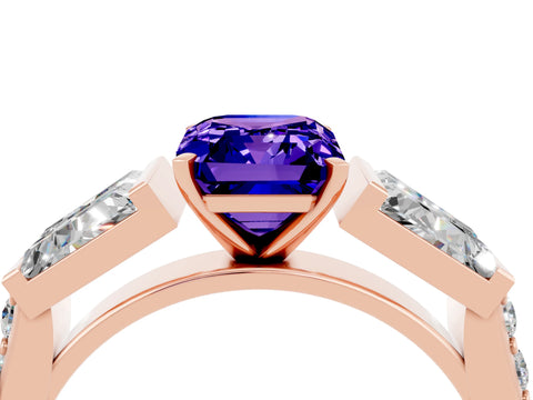 Rose gold Emerald Cut Tanzanite Engagement Ring with Baguette Side Stones and Channel Set Band_4