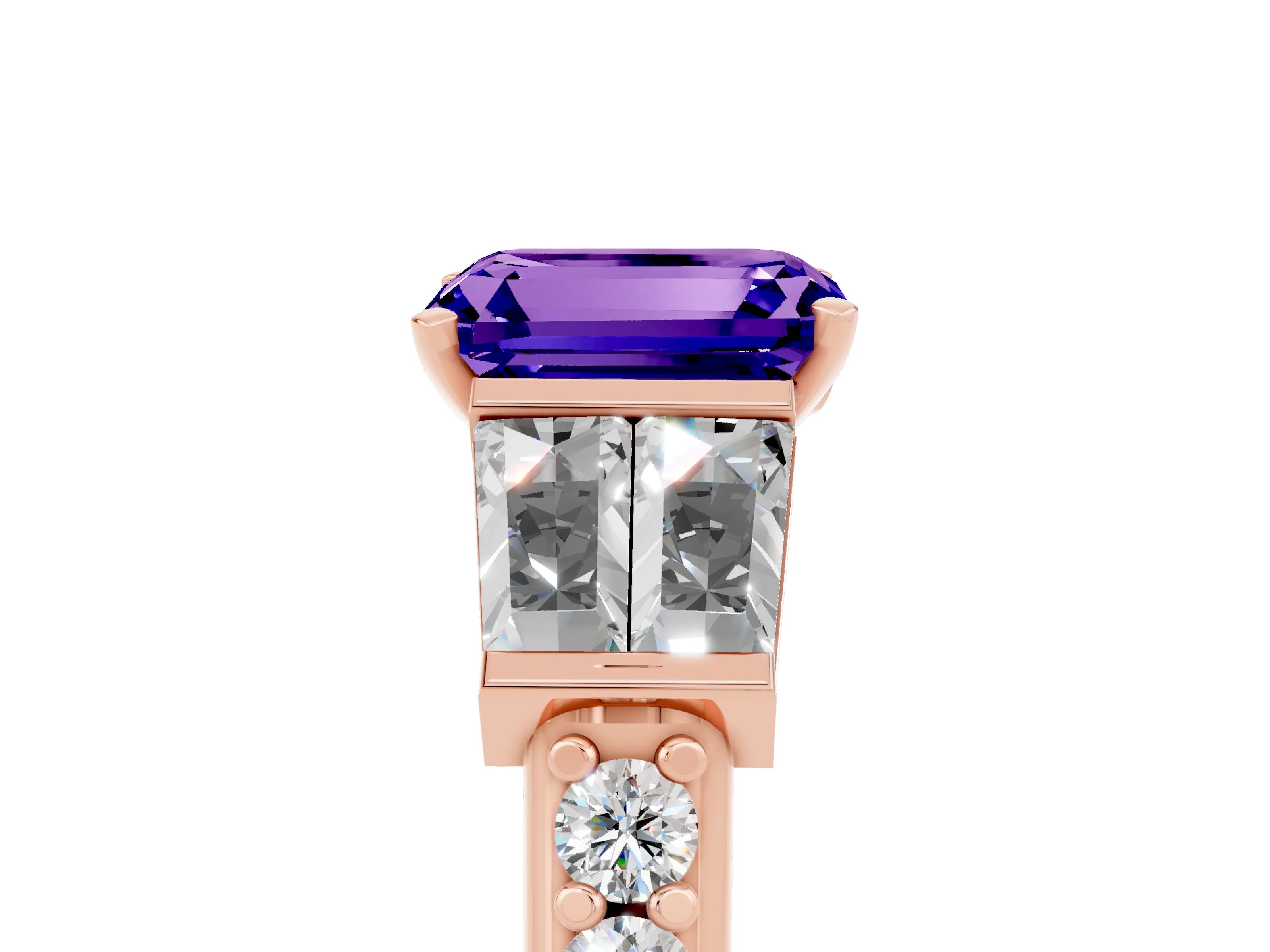 Rose gold Emerald Cut Tanzanite Engagement Ring with Baguette Side Stones and Channel Set Band_5