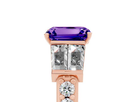 Rose gold Emerald Cut Tanzanite Engagement Ring with Baguette Side Stones and Channel Set Band_5