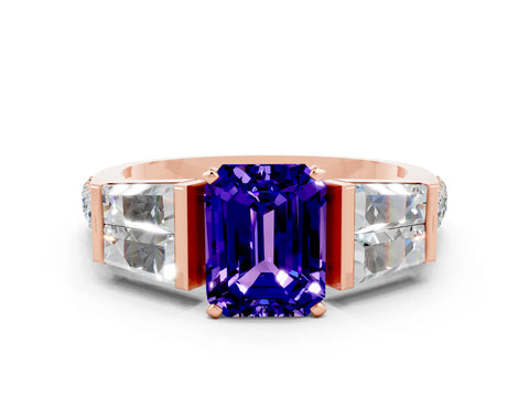 Rose gold Emerald Cut Tanzanite Engagement Ring with Baguette Side Stones and Channel Set Band