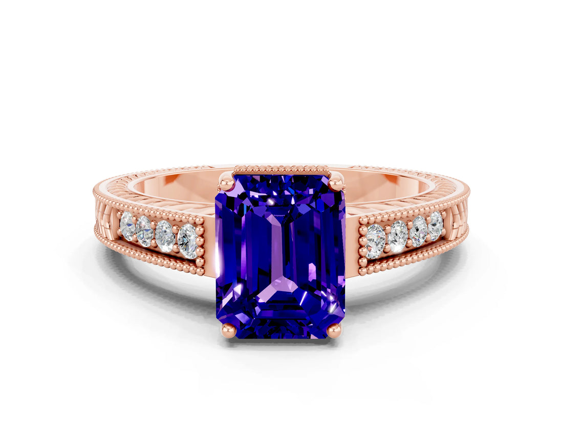 Rose gold Emerald Cut Tanzanite Engagement Ring with Milgrain Channel Set Band and Prong Setting