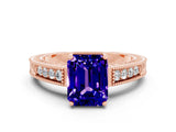 Rose gold Emerald Cut Tanzanite Engagement Ring with Milgrain Channel Set Band and Prong Setting