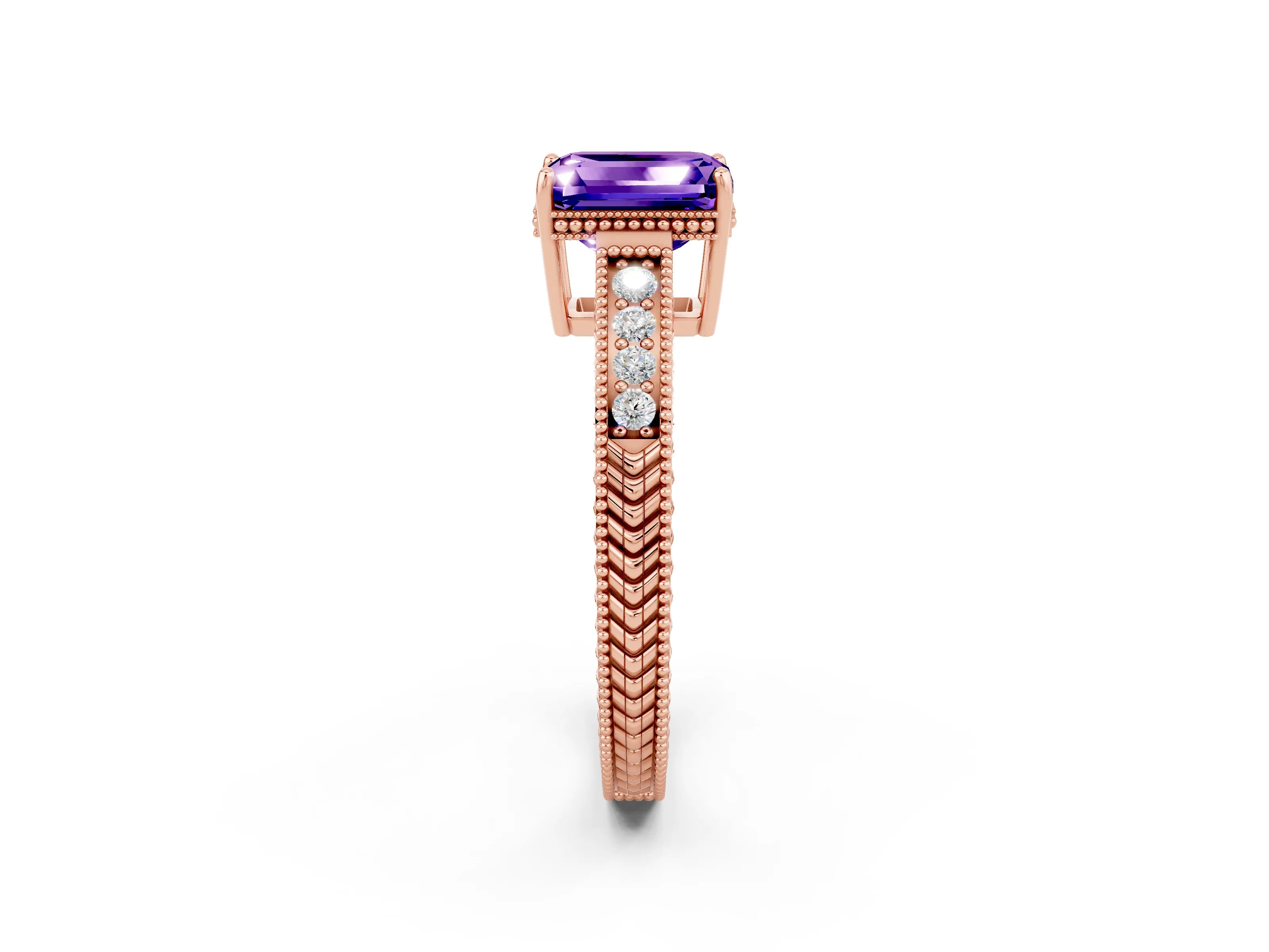 Rose gold Emerald Cut Tanzanite Engagement Ring with Milgrain Channel Set Band and Prong Setting_2