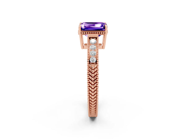Rose gold Emerald Cut Tanzanite Engagement Ring with Milgrain Channel Set Band and Prong Setting