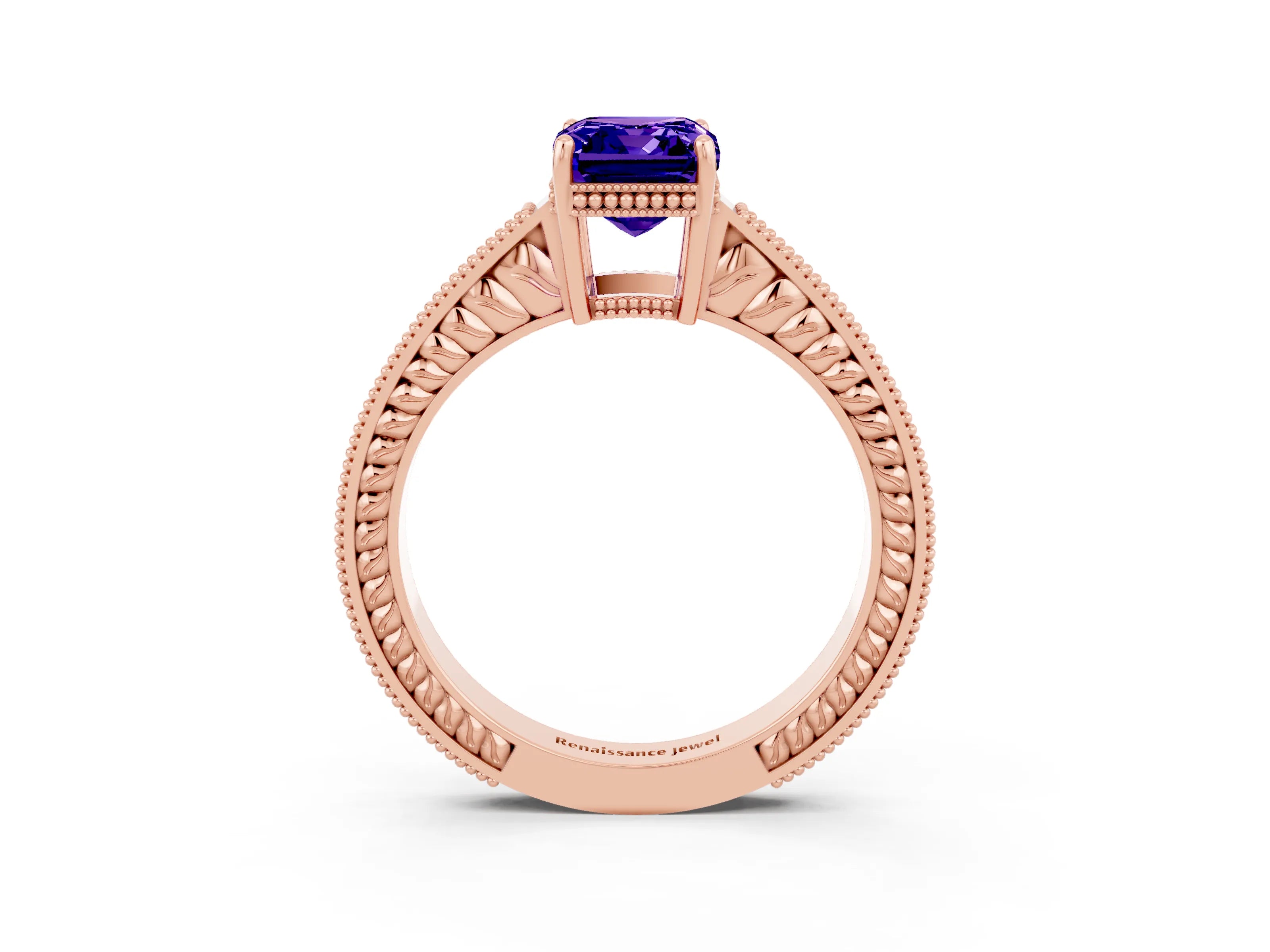 Rose gold Emerald Cut Tanzanite Engagement Ring with Milgrain Channel Set Band and Prong Setting_3