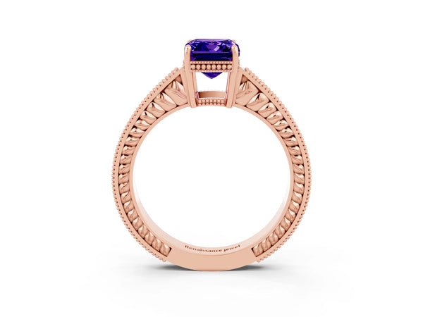 Rose gold Emerald Cut Tanzanite Engagement Ring with Milgrain Channel Set Band and Prong Setting