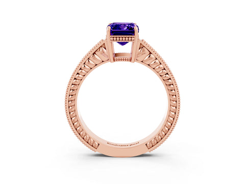 Rose gold Emerald Cut Tanzanite Engagement Ring with Milgrain Channel Set Band and Prong Setting_3