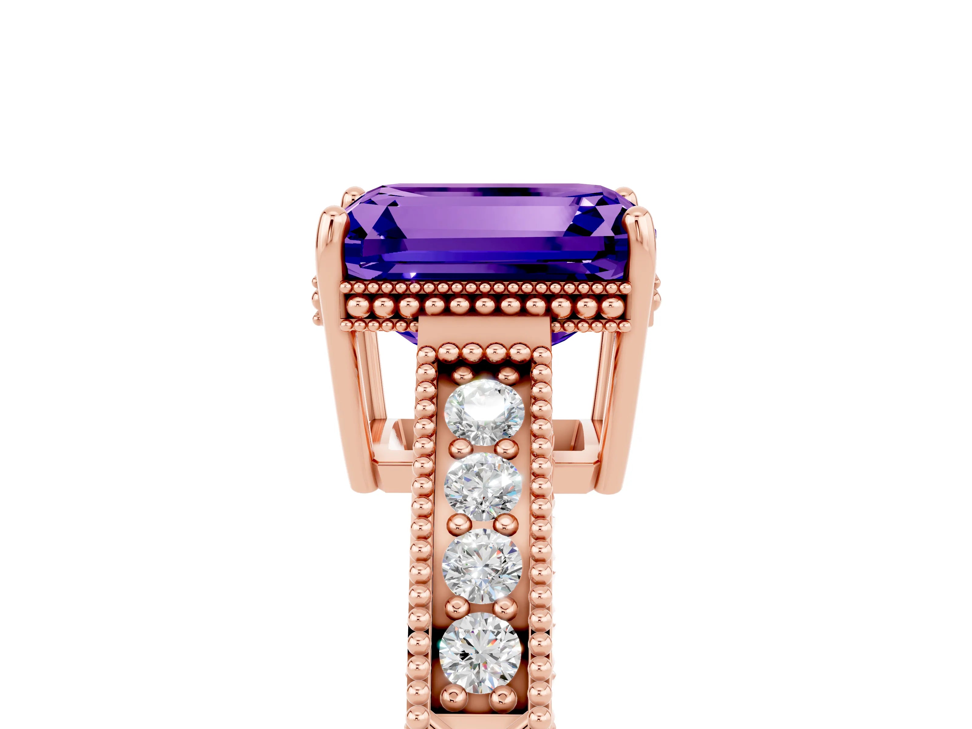 Rose gold Emerald Cut Tanzanite Engagement Ring with Milgrain Channel Set Band and Prong Setting_5