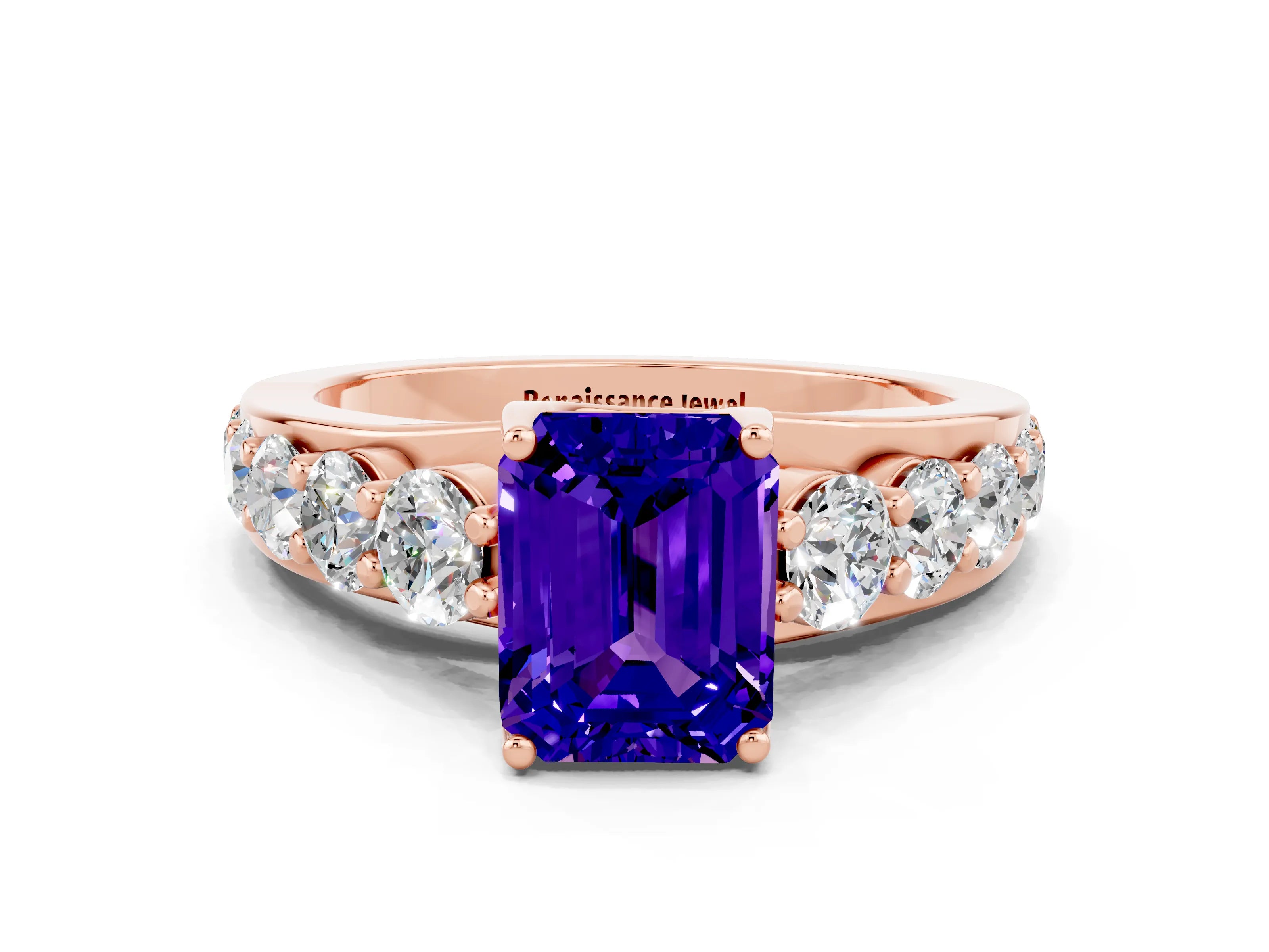 Rose gold Emerald Cut Tanzanite Engagement Ring with Pavé Band and Four-Prong Setting
