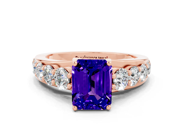 Rose gold Emerald Cut Tanzanite Engagement Ring with Pavé Band and Four-Prong Setting