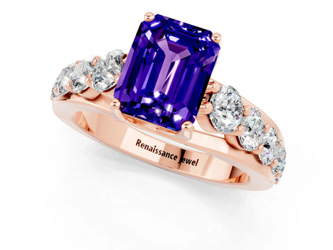 Rose gold Emerald Cut Tanzanite Engagement Ring with Pavé Band and Four-Prong Setting_1