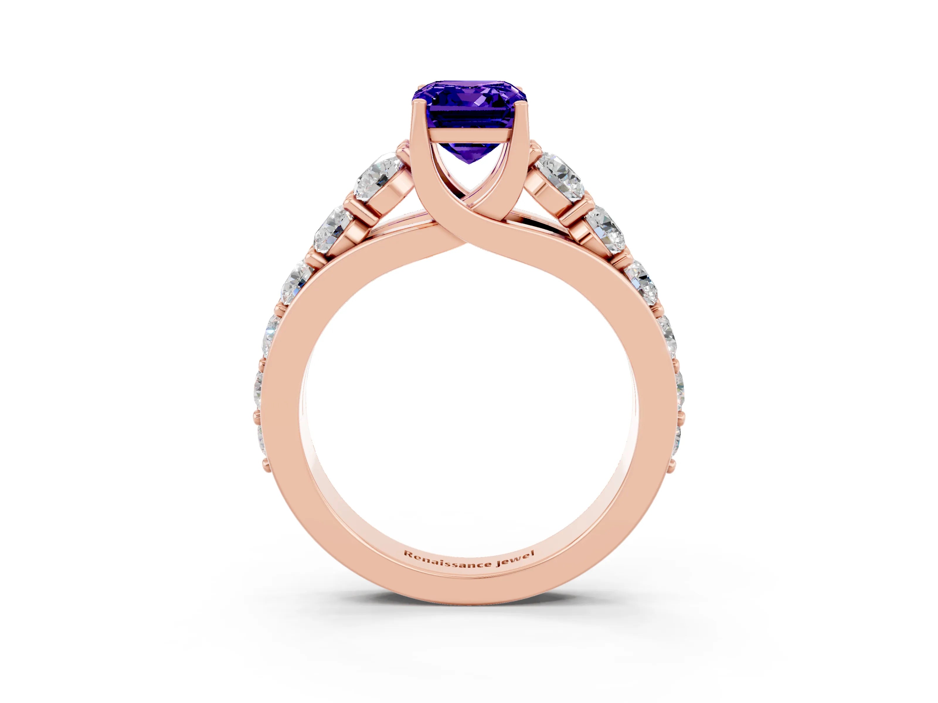 Rose gold Emerald Cut Tanzanite Engagement Ring with Pavé Band and Four-Prong Setting_3