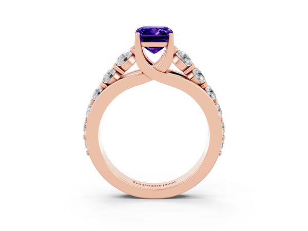 Rose gold Emerald Cut Tanzanite Engagement Ring with Pavé Band and Four-Prong Setting