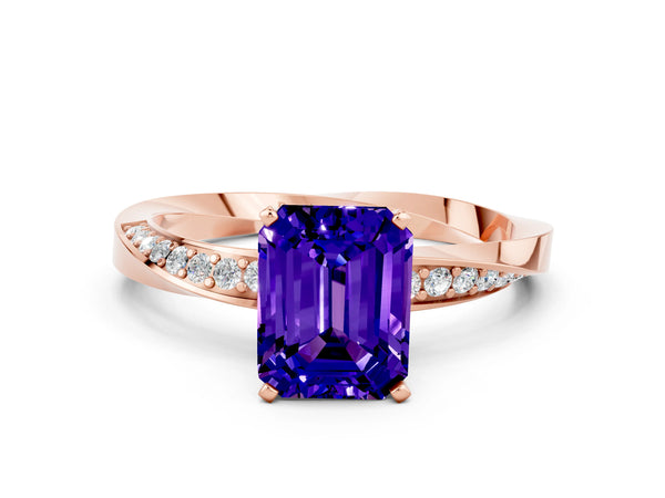 Rose gold Emerald Cut Tanzanite Engagement Ring with Side Stone Accents and Four-Prong Setting