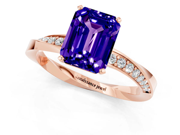 Rose gold Emerald Cut Tanzanite Engagement Ring with Side Stone Accents and Four-Prong Setting