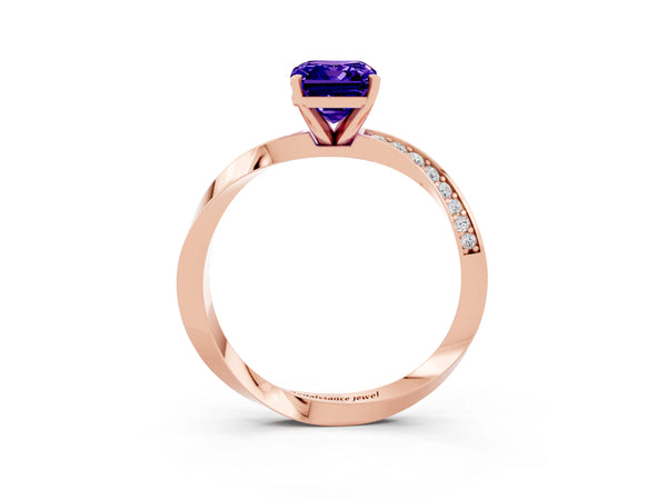 Rose gold Emerald Cut Tanzanite Engagement Ring with Side Stone Accents and Four-Prong Setting