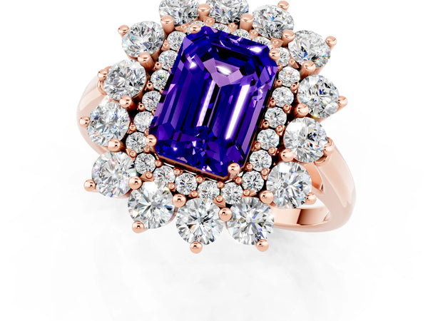 Rose gold Emerald Cut Tanzanite Floral Double Halo Engagement Ring with Prong Setting