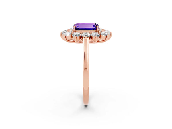 Rose gold Emerald Cut Tanzanite Floral Double Halo Engagement Ring with Prong Setting