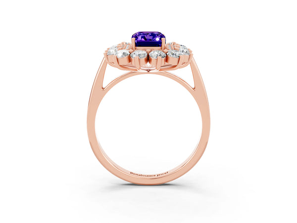 Rose gold Emerald Cut Tanzanite Floral Double Halo Engagement Ring with Prong Setting