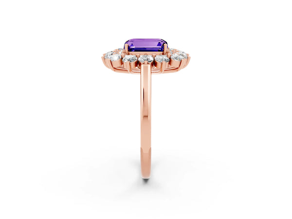 Rose gold Emerald Cut Tanzanite Floral Double Halo Engagement Ring with Prong Setting