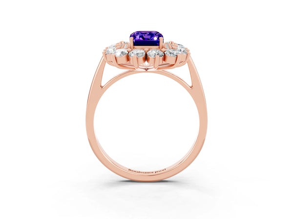 Rose gold Emerald Cut Tanzanite Floral Double Halo Engagement Ring with Prong Setting
