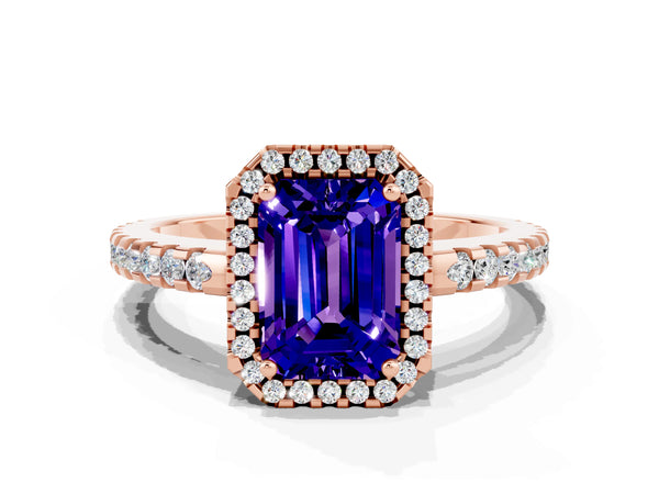 Rose gold Emerald Cut Tanzanite Halo Engagement Ring with Pavé Band and Prong Setting