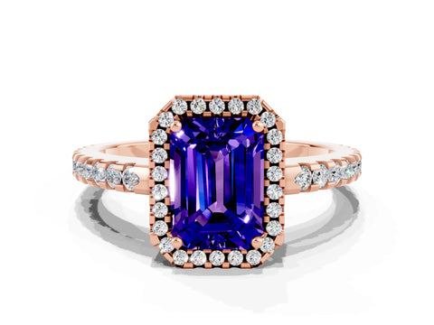 Rose gold Emerald Cut Tanzanite Halo Engagement Ring with Pavé Band and Prong Setting_12