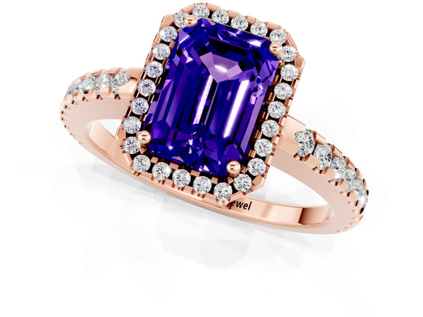 Rose gold Emerald Cut Tanzanite Halo Engagement Ring with Pavé Band and Prong Setting