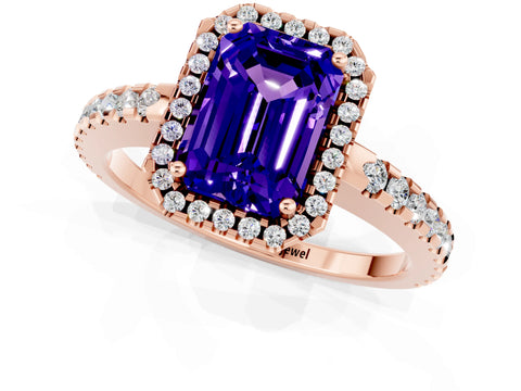 Rose gold Emerald Cut Tanzanite Halo Engagement Ring with Pavé Band and Prong Setting_13