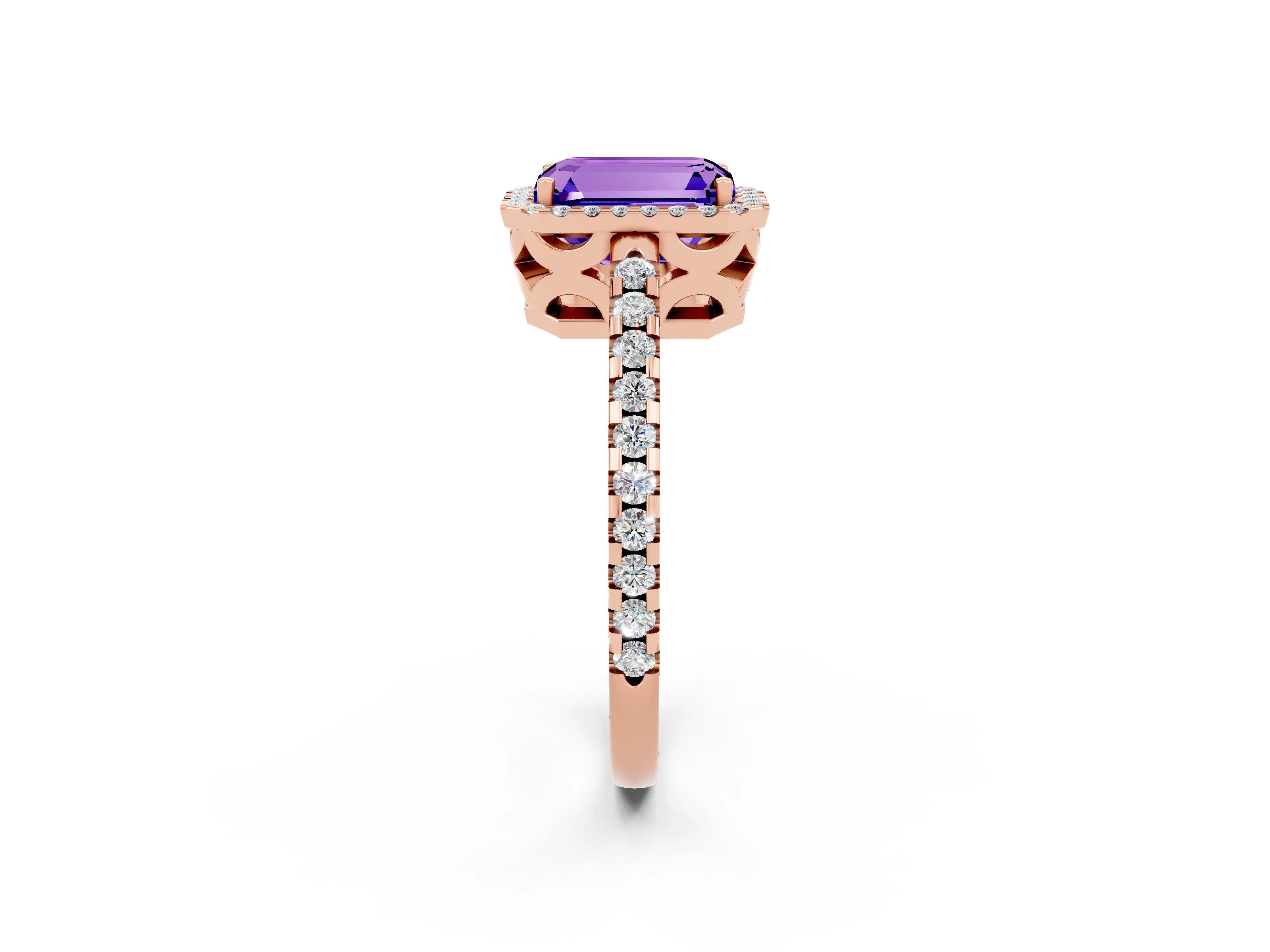Rose gold Emerald Cut Tanzanite Halo Engagement Ring with Pavé Band and Prong Setting_14