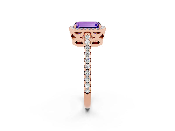 Rose gold Emerald Cut Tanzanite Halo Engagement Ring with Pavé Band and Prong Setting