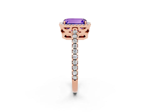 Rose gold Emerald Cut Tanzanite Halo Engagement Ring with Pavé Band and Prong Setting_14