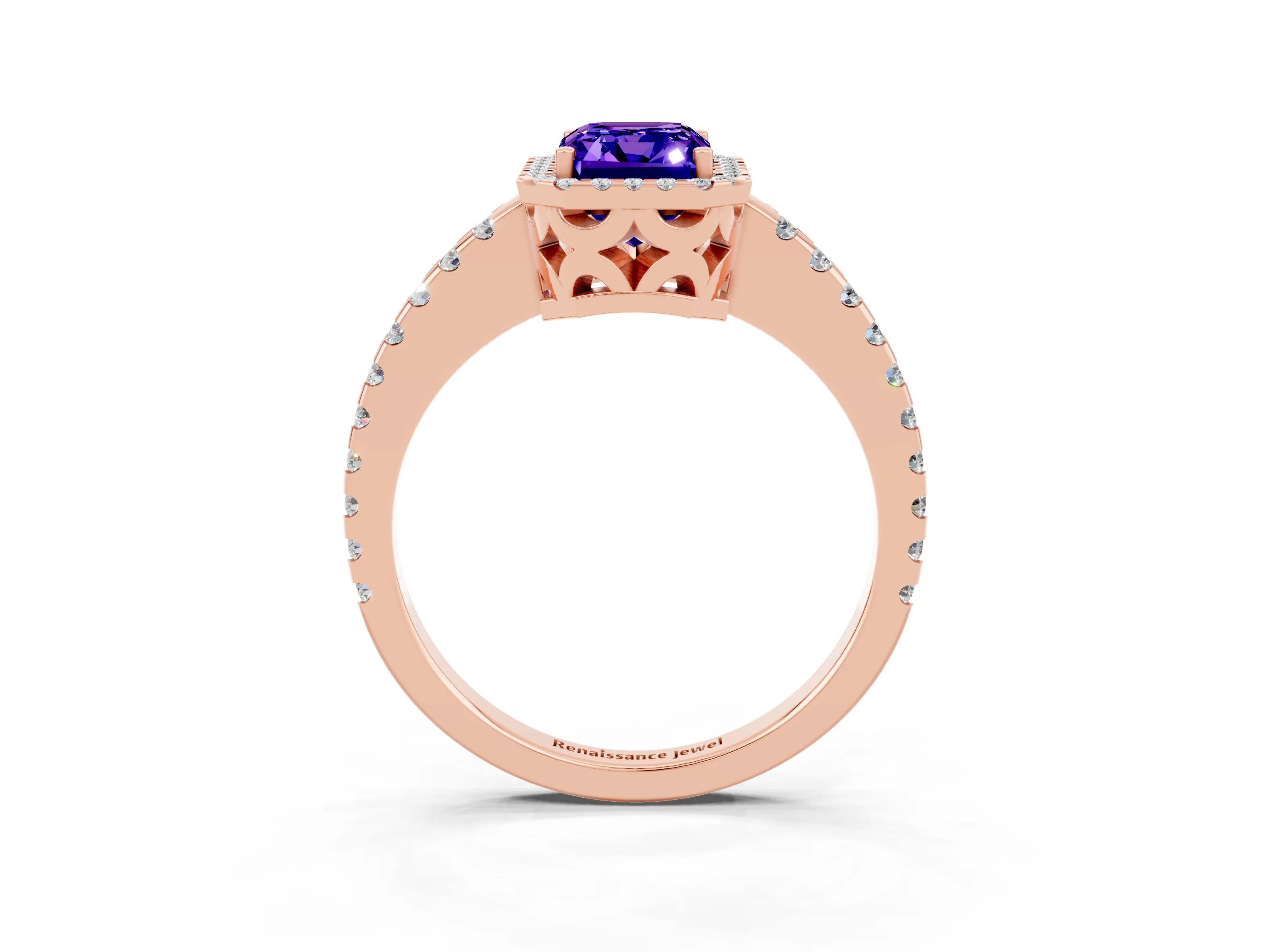 Rose gold Emerald Cut Tanzanite Halo Engagement Ring with Pavé Band and Prong Setting_15