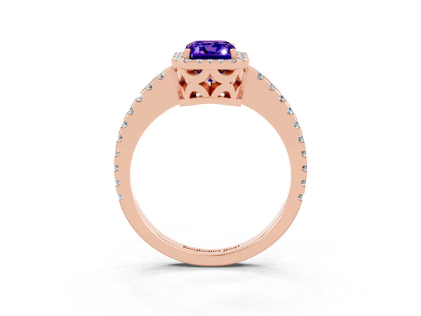 Rose gold Emerald Cut Tanzanite Halo Engagement Ring with Pavé Band and Prong Setting