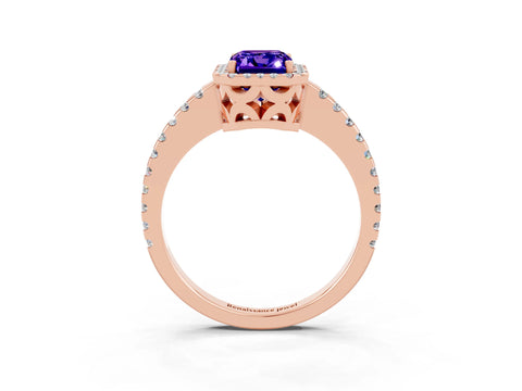 Rose gold Emerald Cut Tanzanite Halo Engagement Ring with Pavé Band and Prong Setting_15