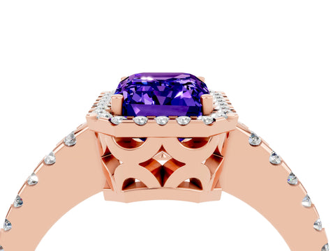 Rose gold Emerald Cut Tanzanite Halo Engagement Ring with Pavé Band and Prong Setting_16