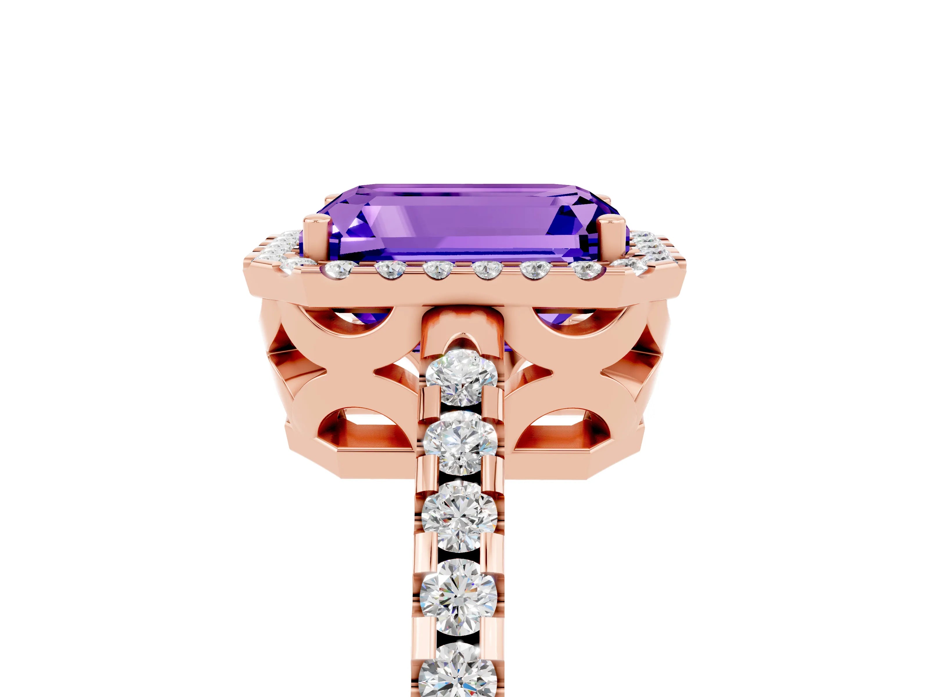 Rose gold Emerald Cut Tanzanite Halo Engagement Ring with Pavé Band and Prong Setting_17