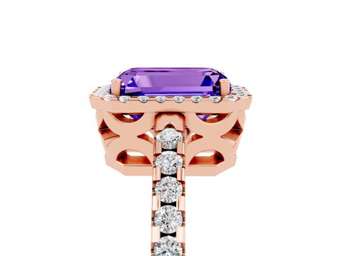 Rose gold Emerald Cut Tanzanite Halo Engagement Ring with Pavé Band and Prong Setting_17