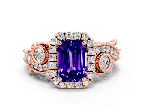 Rose gold Emerald Cut Tanzanite Halo Ring with Milgrain Pavé Band and Four-Prong Setting_12