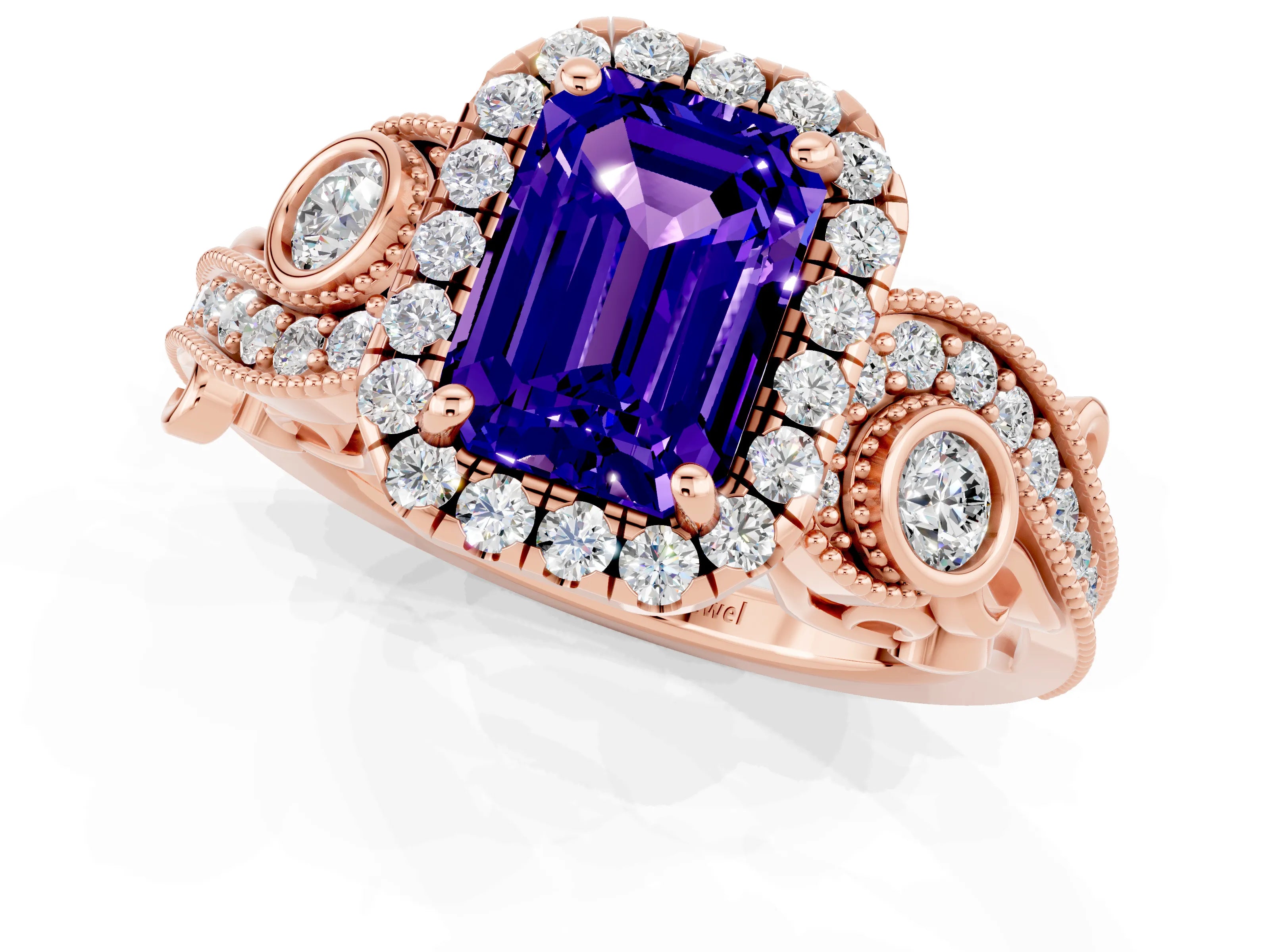 Rose gold Emerald Cut Tanzanite Halo Ring with Milgrain Pavé Band and Four-Prong Setting_13