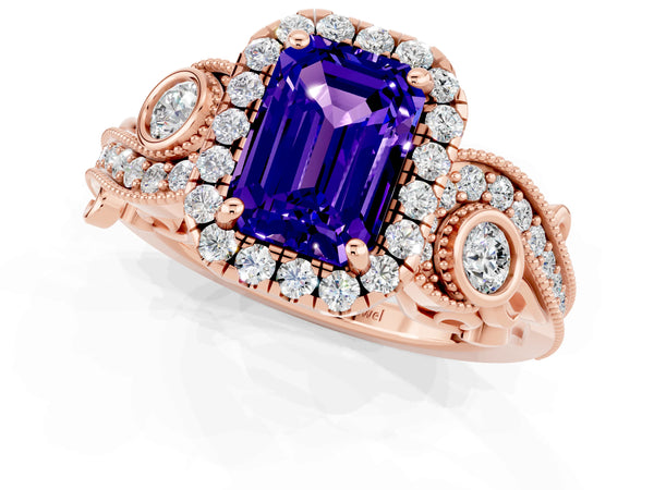 Rose gold Emerald Cut Tanzanite Halo Ring with Milgrain Pavé Band and Four-Prong Setting