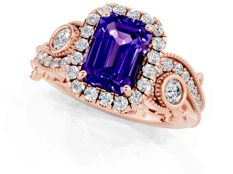 Rose gold Emerald Cut Tanzanite Halo Ring with Milgrain Pavé Band and Four-Prong Setting_13
