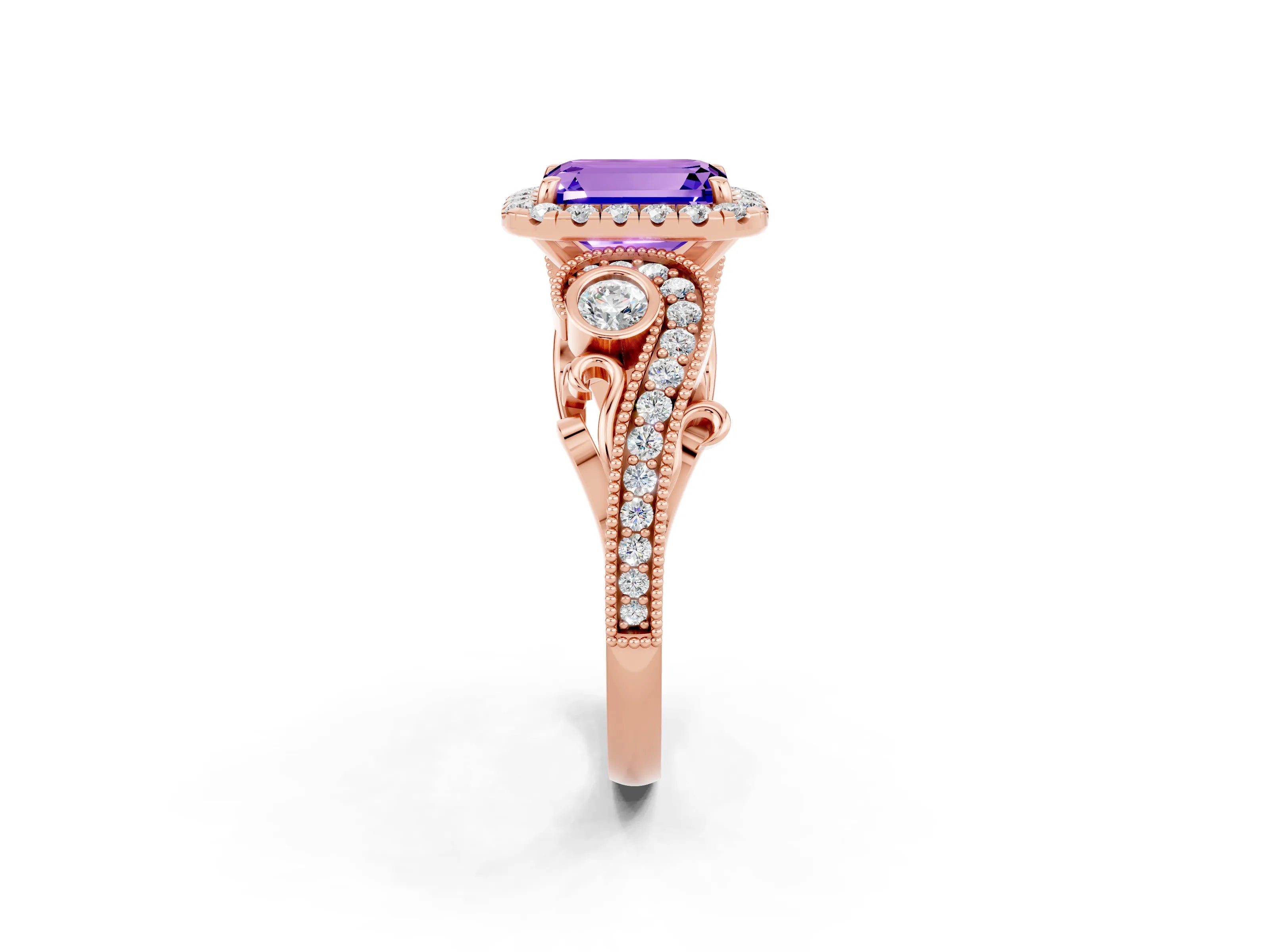 Rose gold Emerald Cut Tanzanite Halo Ring with Milgrain Pavé Band and Four-Prong Setting_14