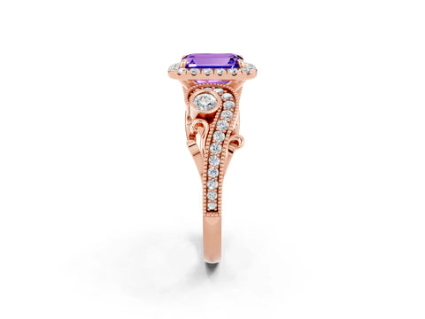Rose gold Emerald Cut Tanzanite Halo Ring with Milgrain Pavé Band and Four-Prong Setting_14