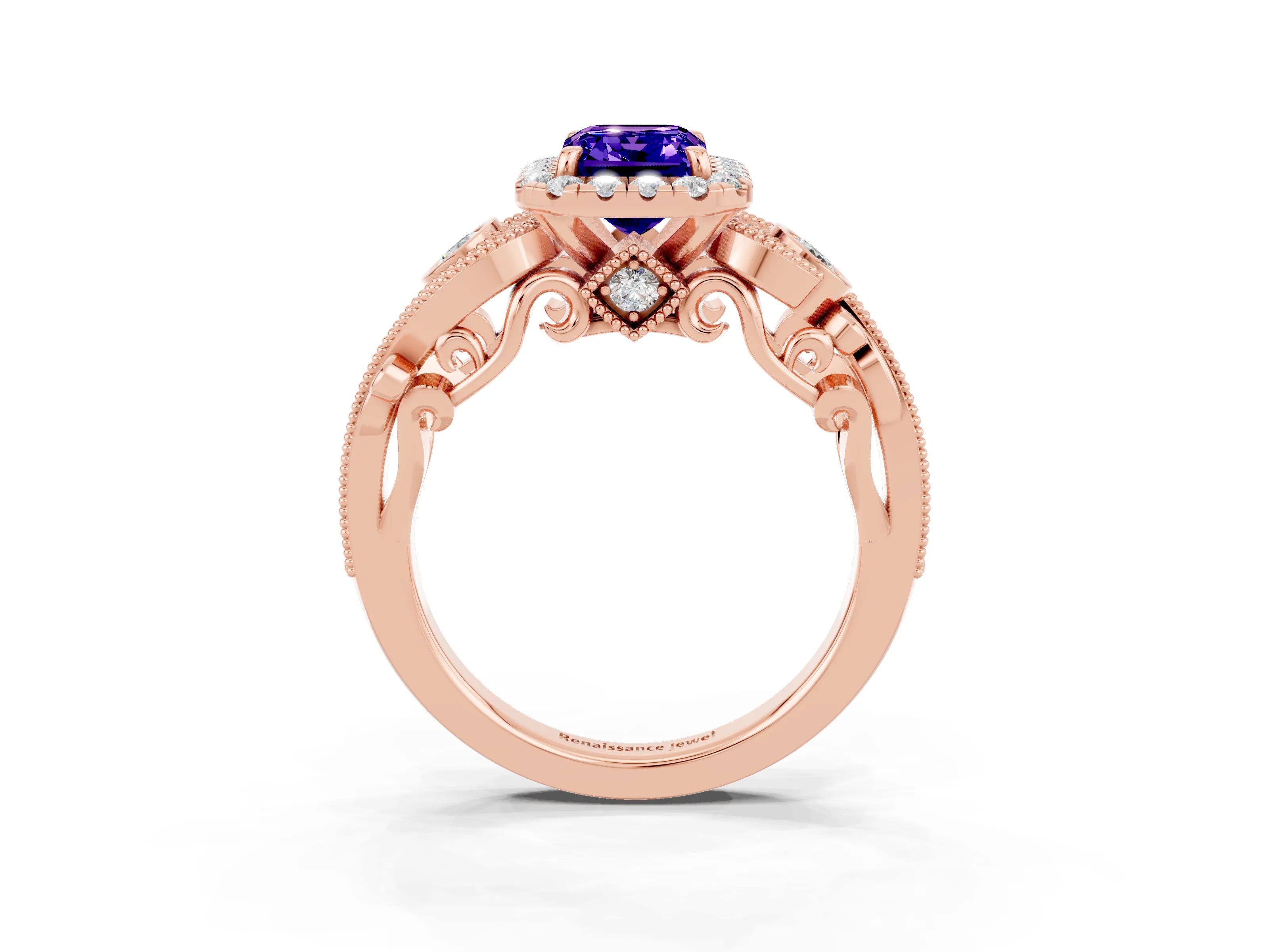 Rose gold Emerald Cut Tanzanite Halo Ring with Milgrain Pavé Band and Four-Prong Setting_15