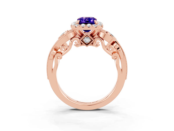 Rose gold Emerald Cut Tanzanite Halo Ring with Milgrain Pavé Band and Four-Prong Setting