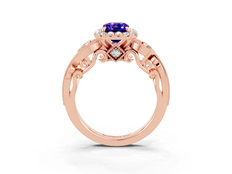 Rose gold Emerald Cut Tanzanite Halo Ring with Milgrain Pavé Band and Four-Prong Setting_15