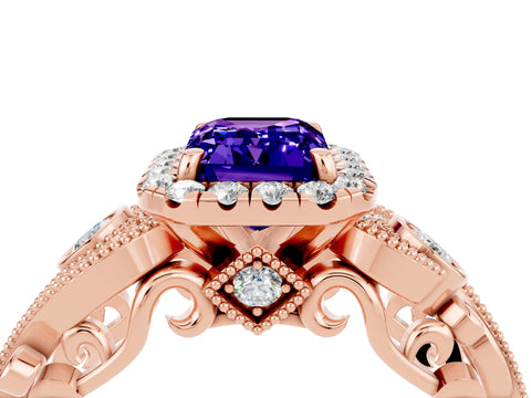 Rose gold Emerald Cut Tanzanite Halo Ring with Milgrain Pavé Band and Four-Prong Setting_16