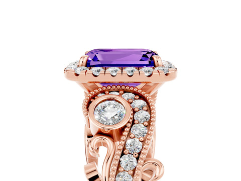 Rose gold Emerald Cut Tanzanite Halo Ring with Milgrain Pavé Band and Four-Prong Setting_17