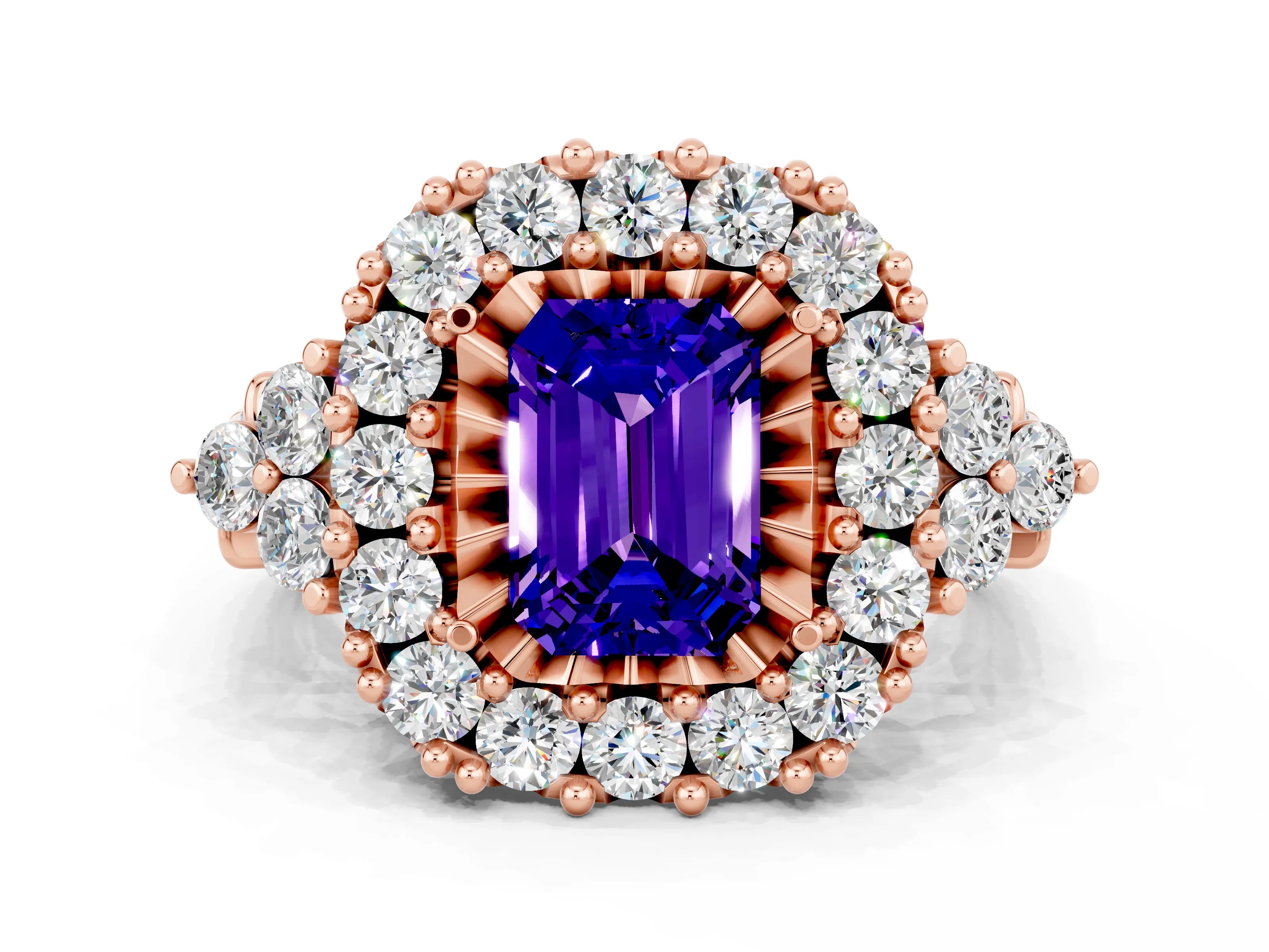 Rose gold Emerald Cut Tanzanite Halo Ring with Pavé Band and Four-Prong Setting_12